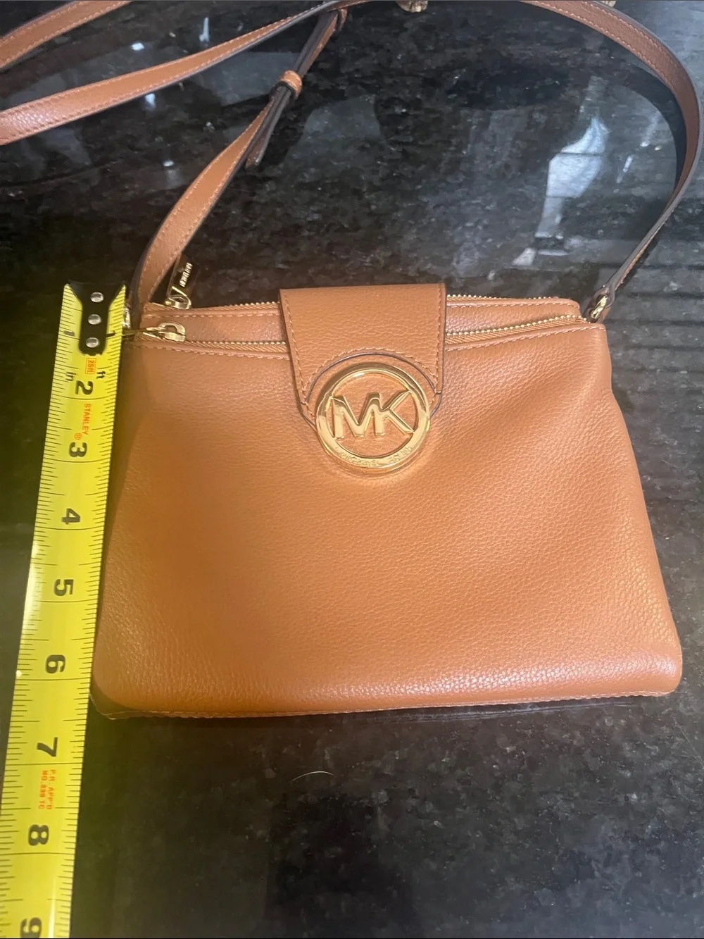 Michael Kors Brown Leather Crossbody with Gold MK Emblem